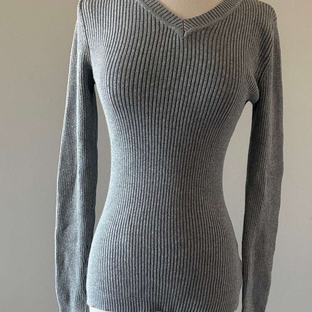 Basic Editions Metallic Ribbed Knit Sweater — Silver - Picture 6 of 9